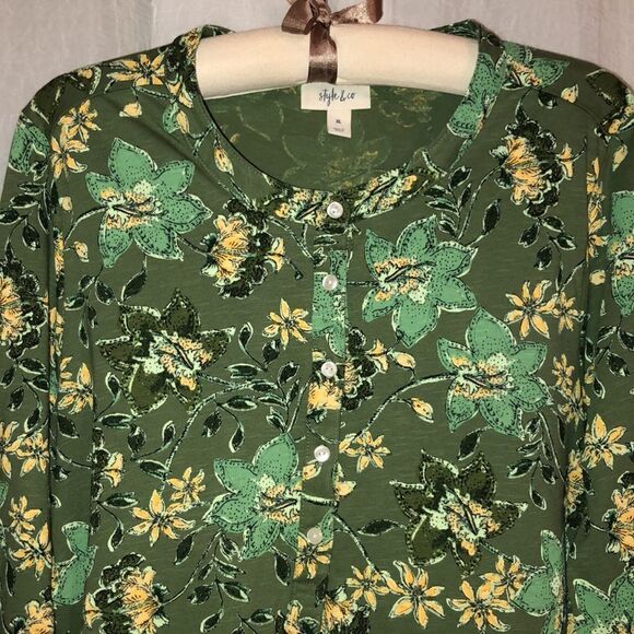 Style & Co XL Cotton Green Gold Pullover Henley with Roll Up Sleeves - Picture 3 of 12